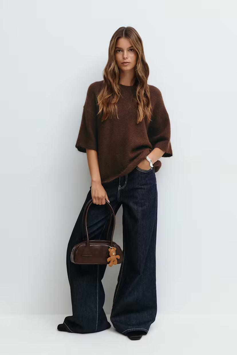 Gina Tricot knitted short sleeve top chestnut