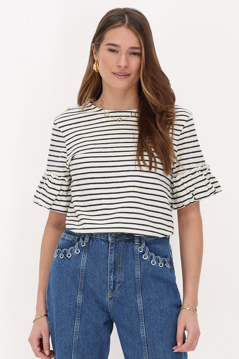 My Jewellery Blau-weiß gestreiftes Oberteil mit Rüschenärmeln
