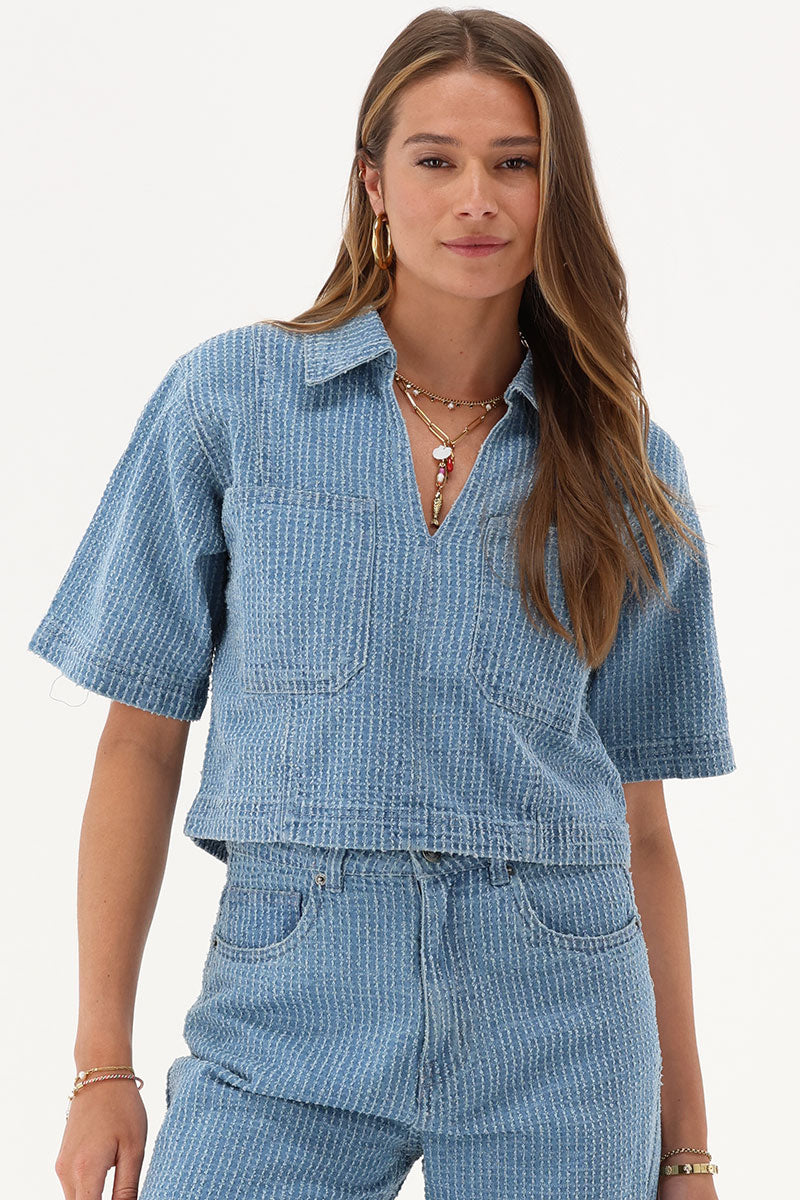 My Jewellery Bouclé-Oberteil aus Denim mit V-Ausschnitt