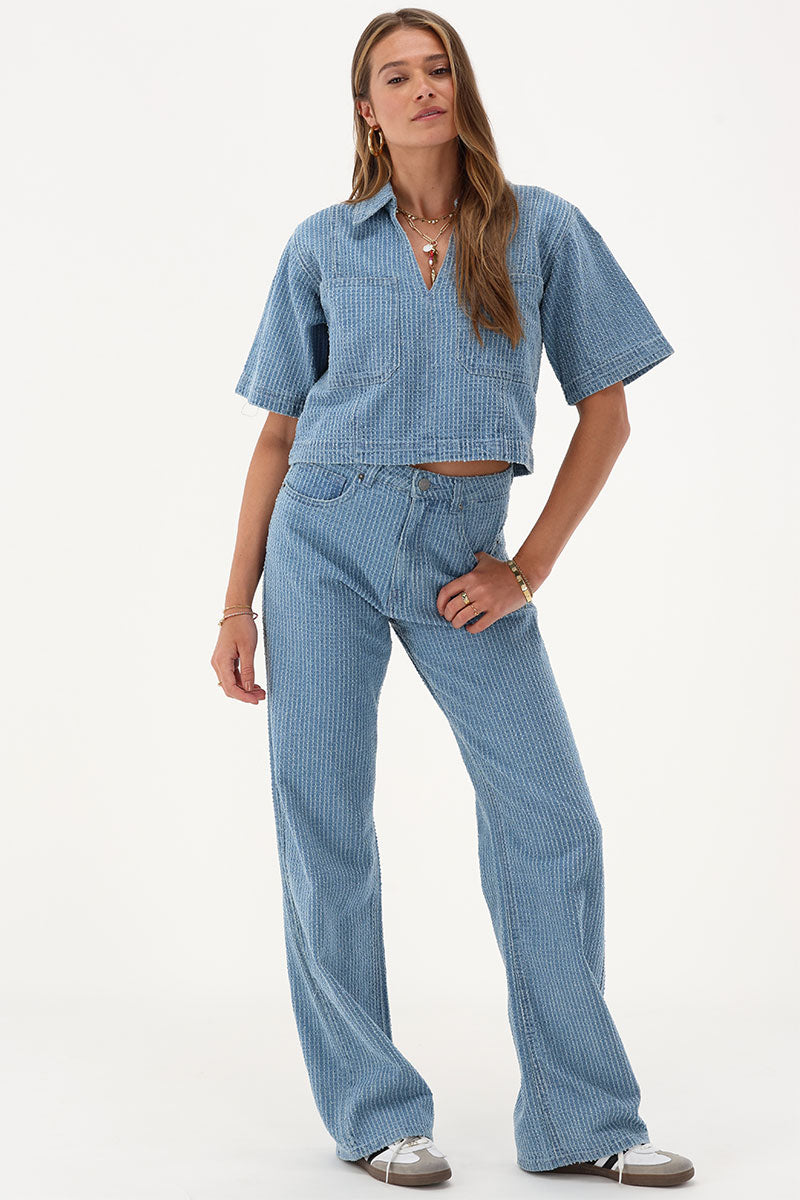 My Jewellery Bouclé-Oberteil aus Denim mit V-Ausschnitt