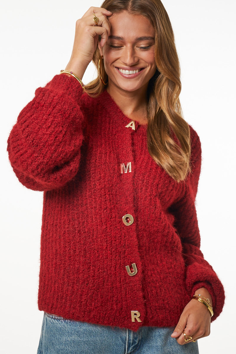 My Jewellery Rote Strickjacke mit L'amour-Knöpfen